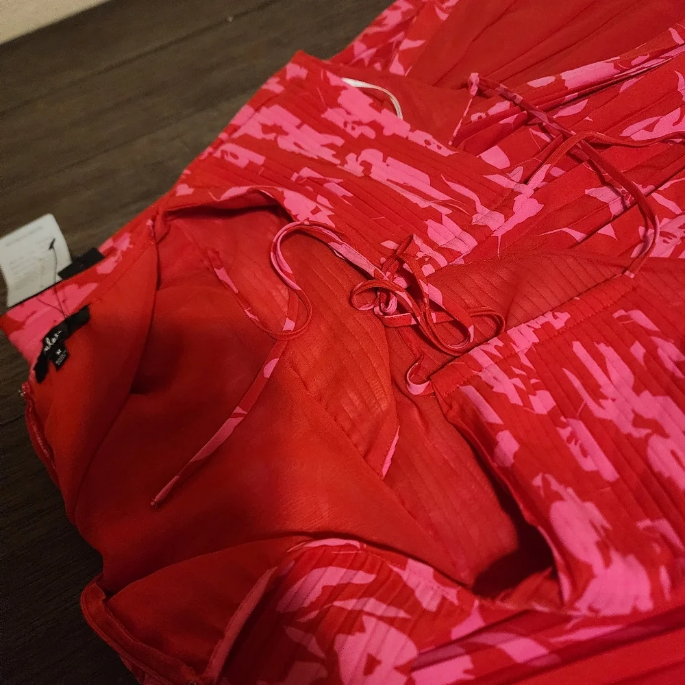 Lulu’s Vibrant Moment Floral Pleated Lace-Up Midi Dress NWT Red & Pink Med - Picture 10 of 13